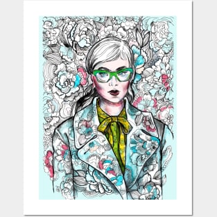 Woman Wearing Glasses in a Floral Pattern. Posters and Art